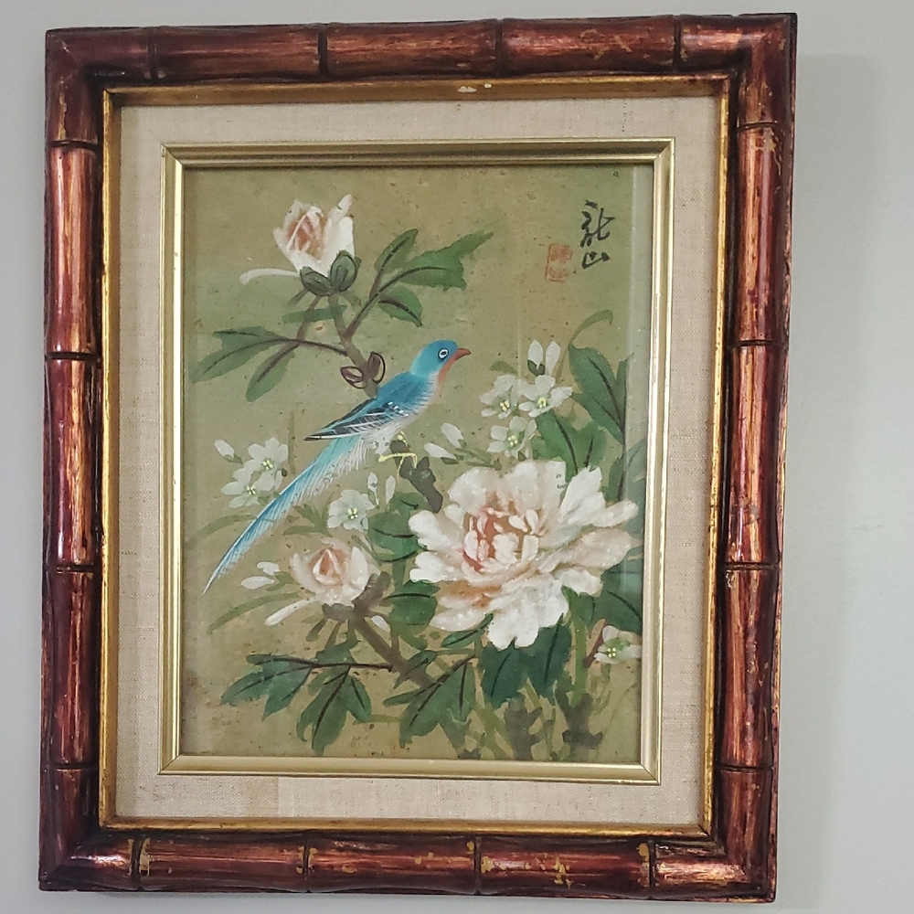 Elegant Floral and Bird Wall Art with Brown Frame 12x14
